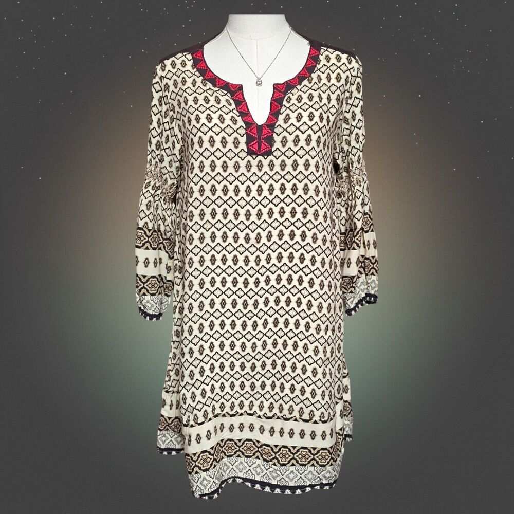 Umgee S‎ Tunic Dress Cream Brown Boho Western Cottagecore Smocked Cotton